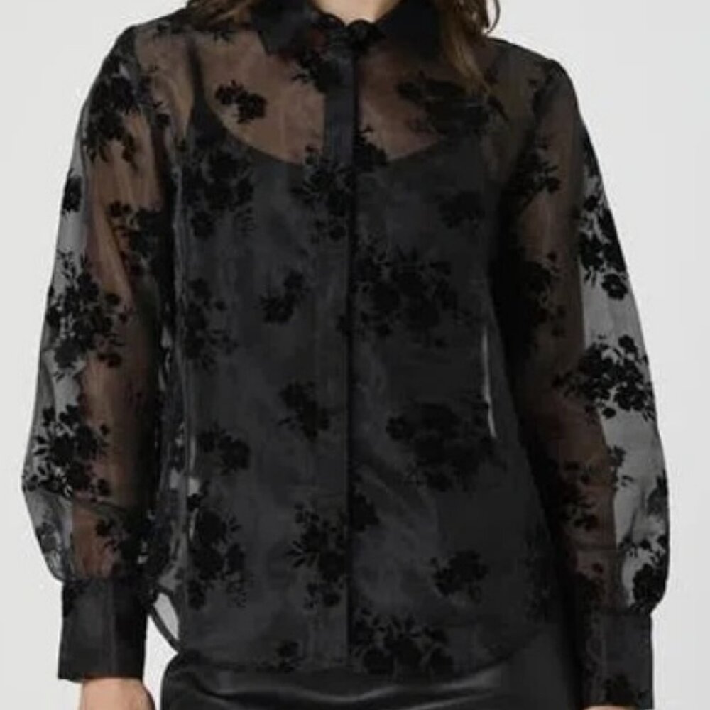 NWOT French Connection Velvet Burnout Organza Sheer Shirt M